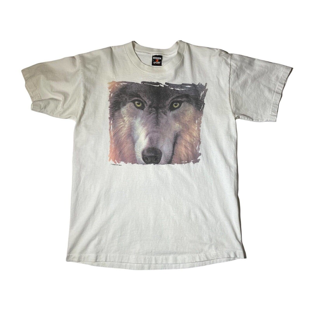 Vintage 90s Habitat Wolf White T-Shirt Size L‎ Wolves Nature Animals Wildlife